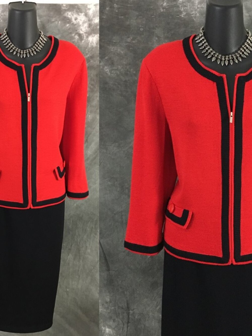 BEAUTIFUL St John collection knit red black multi jacket skirt suit size 12